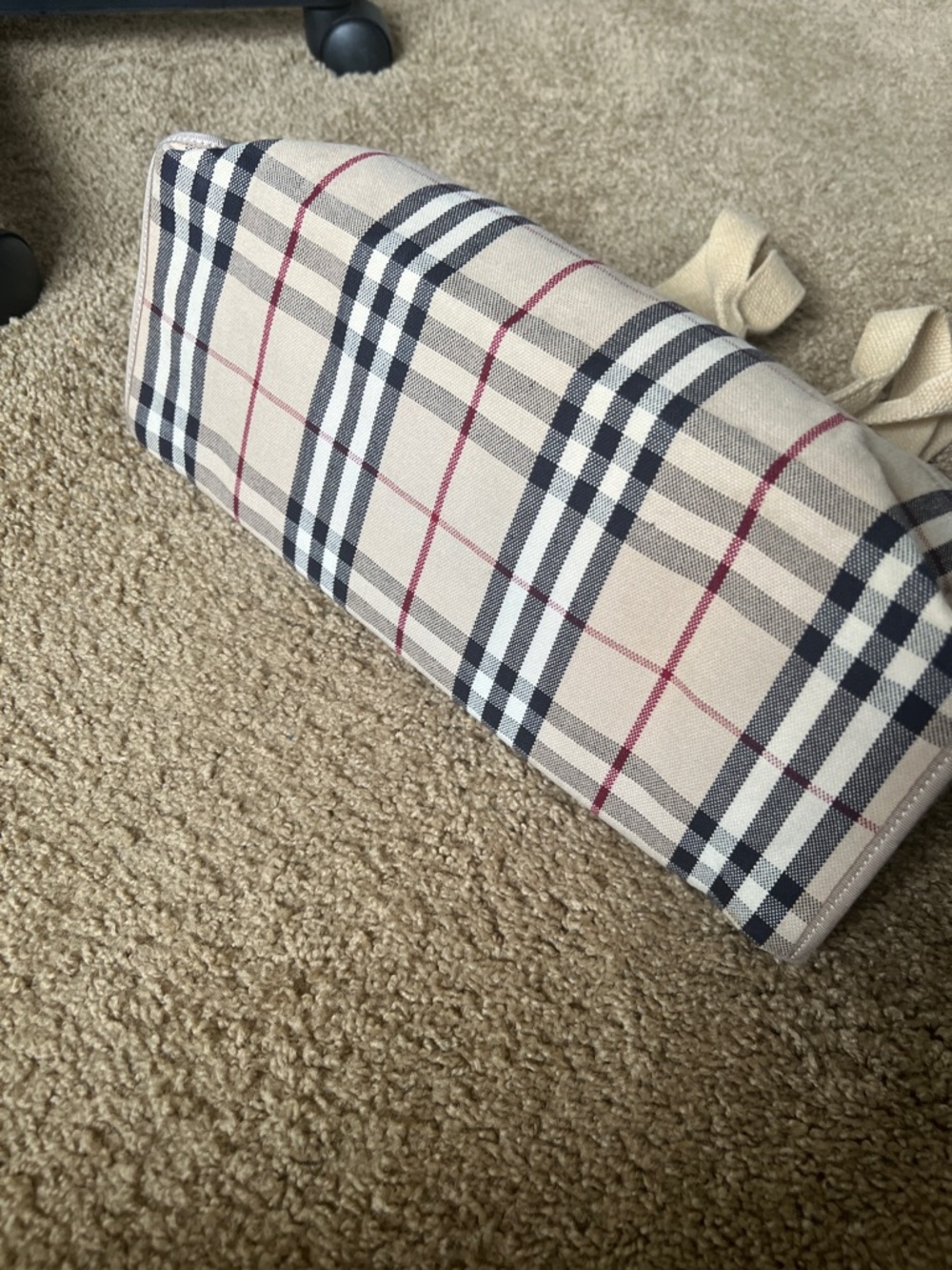 Beige Plaid Canvas Duffel with Navy and Burgundy Accent - Picture 7 of 9